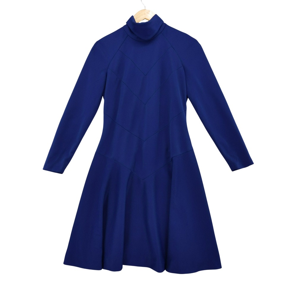 Vintage 60s Minx Mod‎ Dress Sz S Blue Long Sleeve Mock Neck Chevron Fit Flare